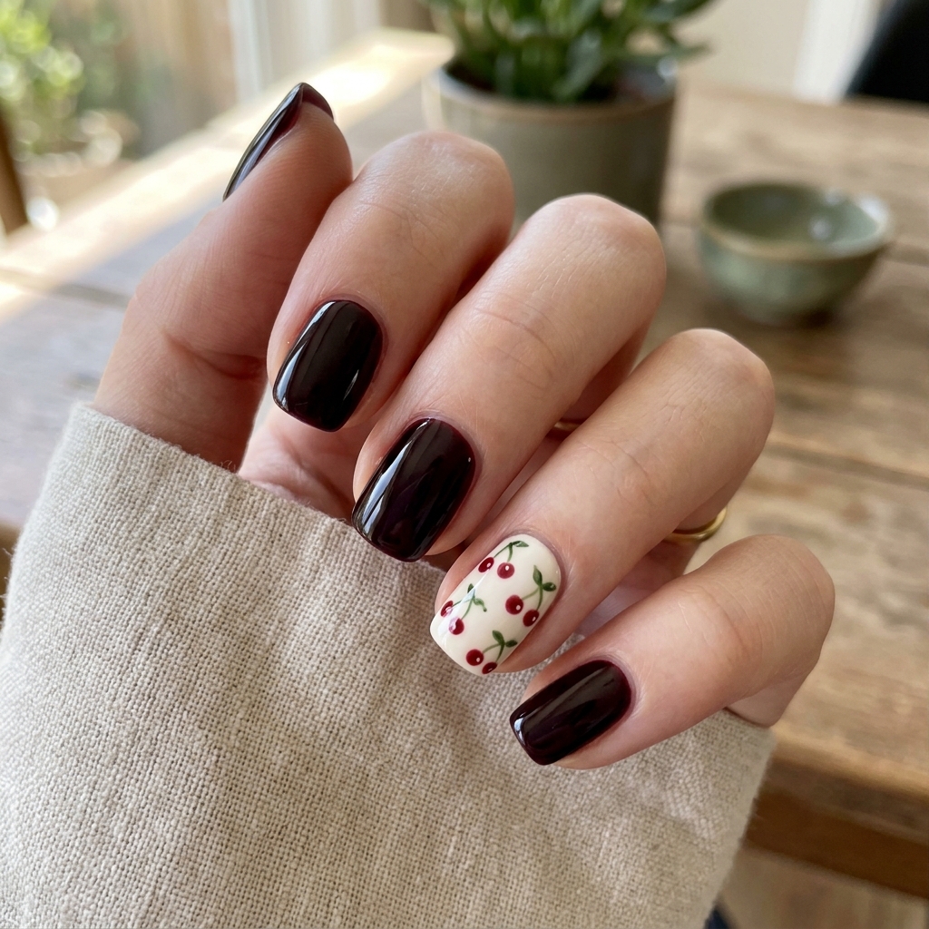 Black Cherry Nails: 30 Creative Ideas to Inspire Your Next Manicure 21 Cherry Print Black Nails Ideas