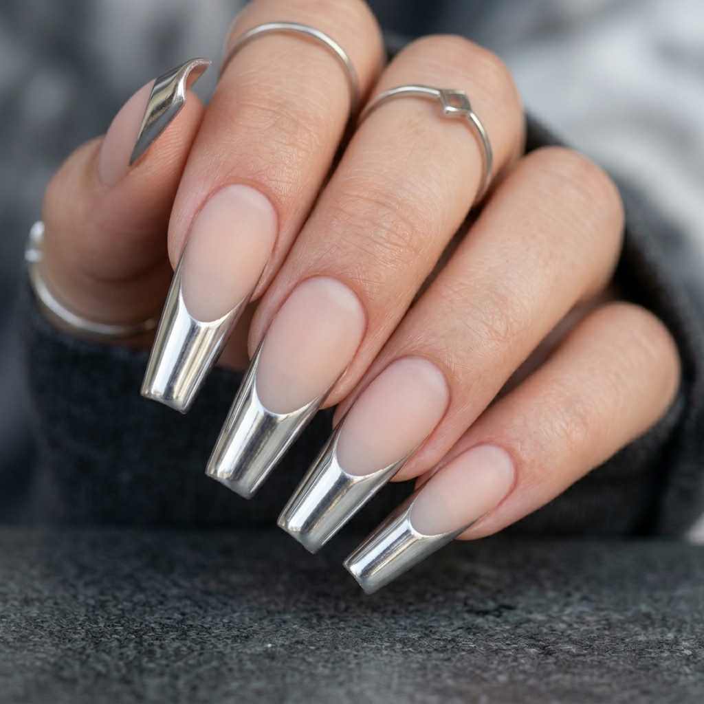 Chrome French Tip Coffin Nails Ideas