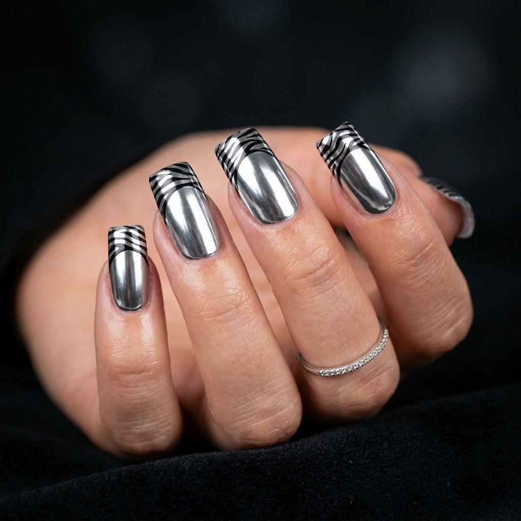 Chrome Zebra French Tip Nails Ideas