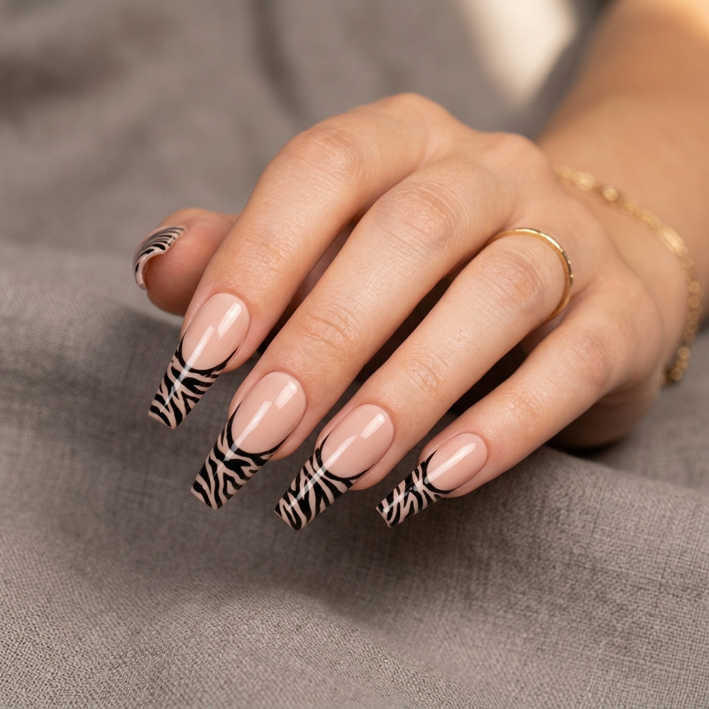 Coffin Zebra French Tip Nails Ideas