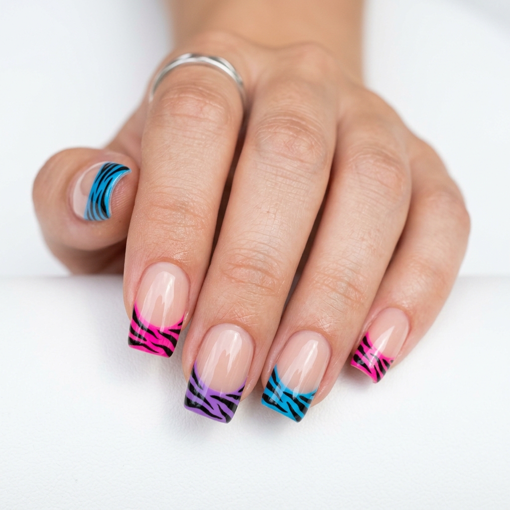 Colorful Zebra French Tip Nails Ideas