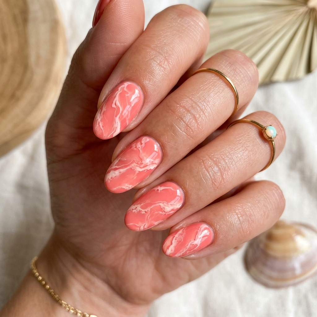 30 Pink Marble Nails Ideas You Will Absolutely Love 27 Coral Pink Marble Nail Ideas