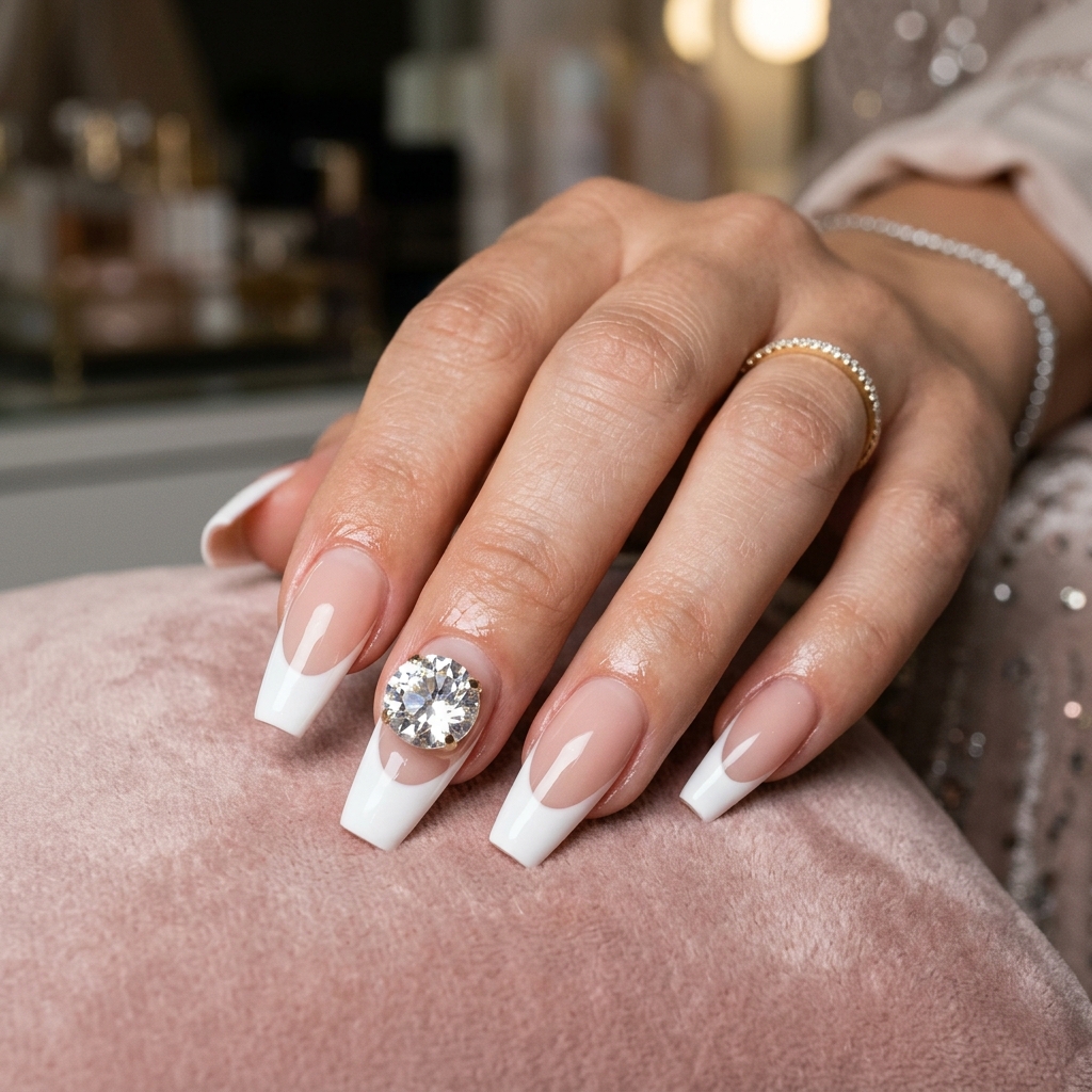 Crystal Embellished French Tip Coffin Nail Ideas