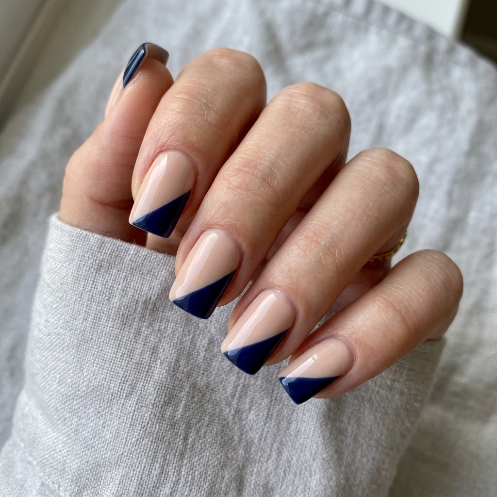 Dark Blue French Tip Nails: 30 Stunning Ideas to Inspire Your Next Manicure 21 Dark Blue French Tip Diagonal Line Ideas