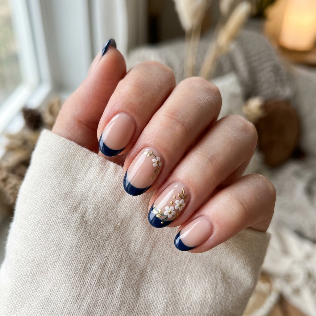 Dark Blue French Tip Nails: 30 Stunning Ideas to Inspire Your Next Manicure 20 Dark Blue French Tip with Floral Accent Ideas