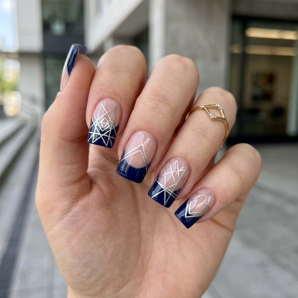 Dark Blue French Tip Nails: 30 Stunning Ideas to Inspire Your Next Manicure 30 Dark Blue French Tip with Geometric Line Ideas
