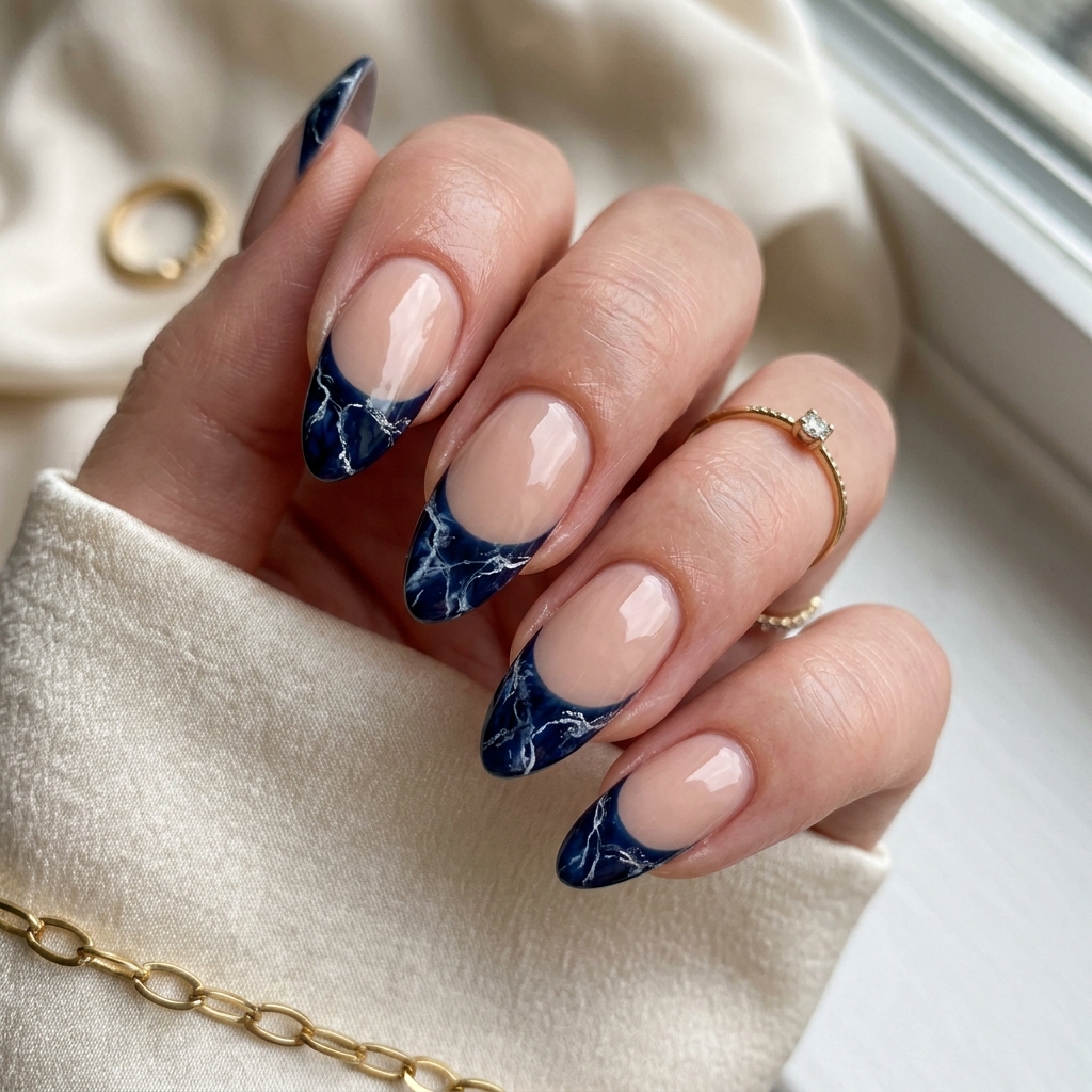 Dark Blue French Tip Nails: 30 Stunning Ideas to Inspire Your Next Manicure 23 Dark Blue French Tip with Marble Effect Ideas