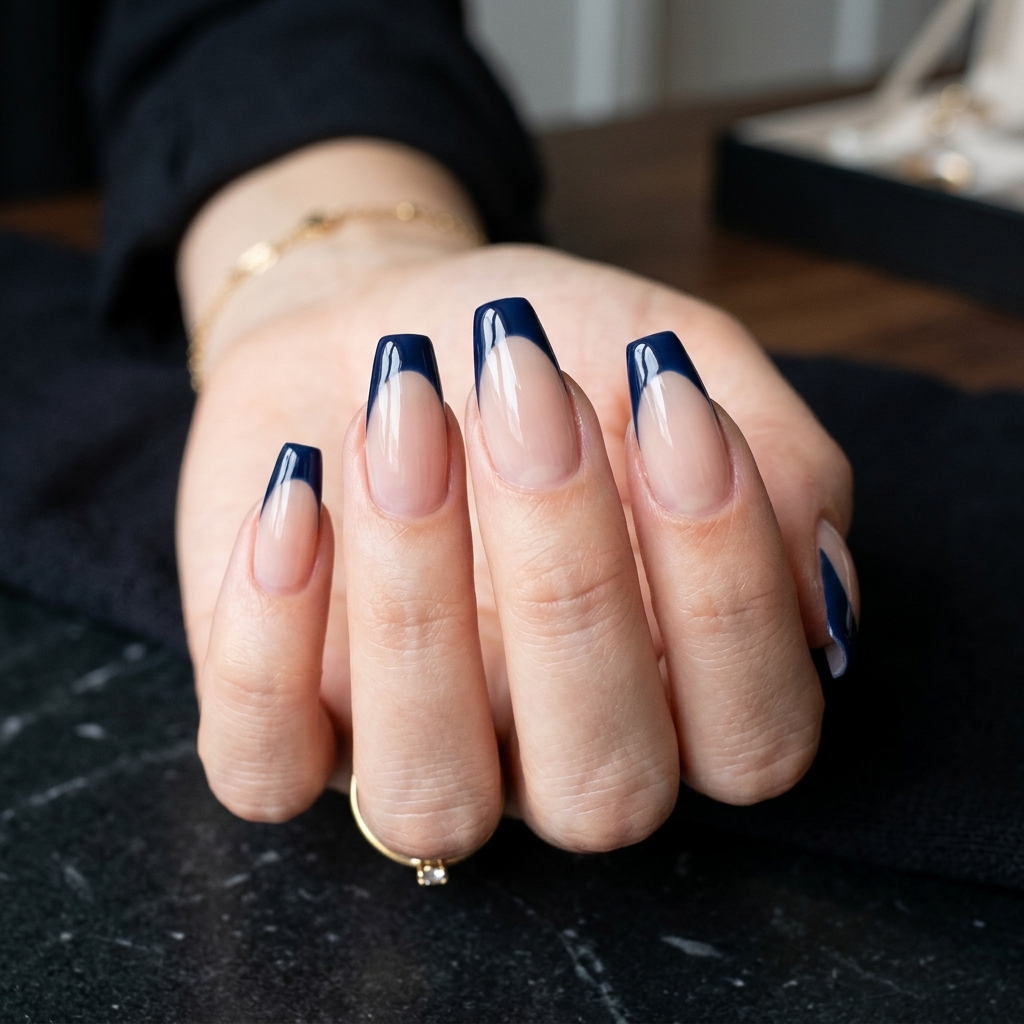 Dark Blue French Tip Nails: 30 Stunning Ideas to Inspire Your Next Manicure 7 Dark Blue French Tip Coffin Nail Ideas