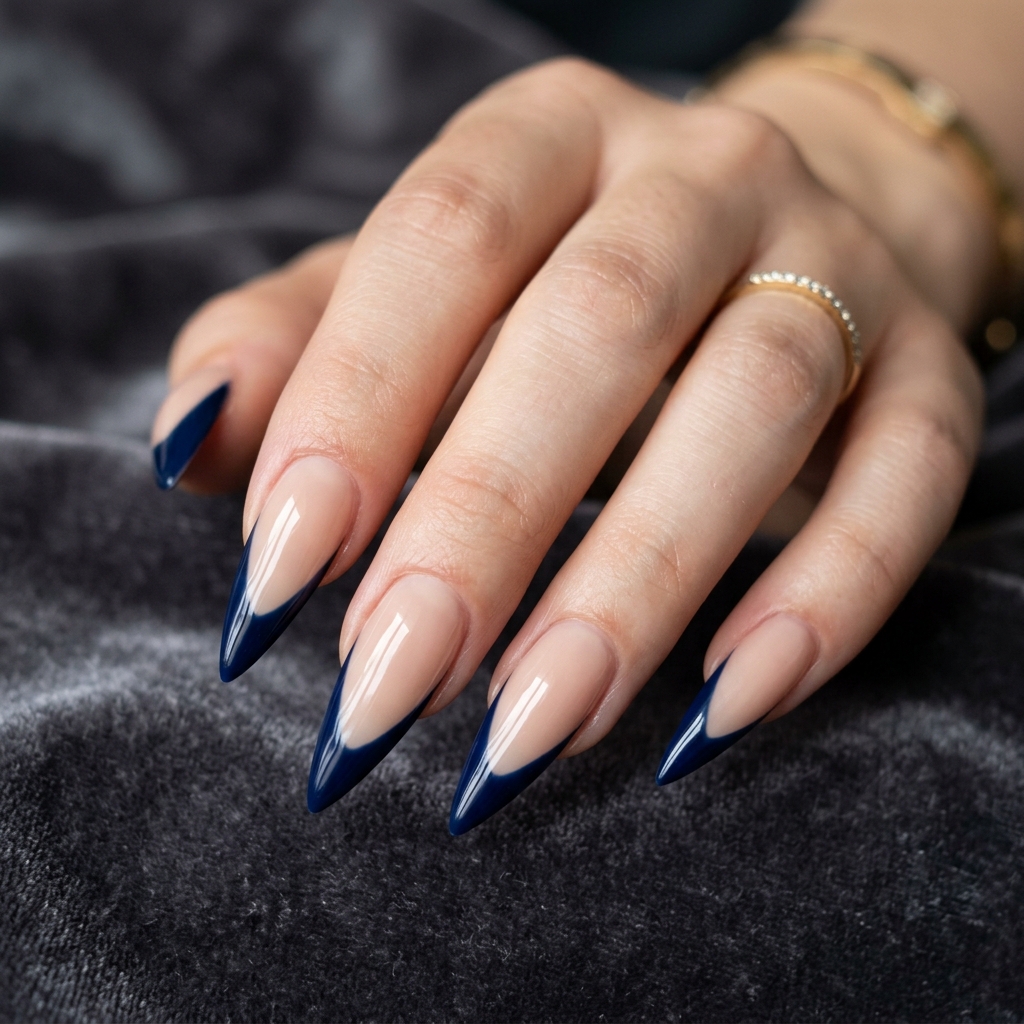 Dark Blue French Tip Nails: 30 Stunning Ideas to Inspire Your Next Manicure 12 Dark Blue French Tip Stiletto Nail Ideas