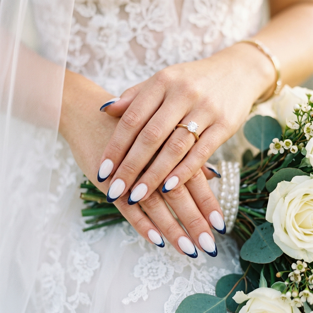 Dark Blue French Tip Nails: 30 Stunning Ideas to Inspire Your Next Manicure 19 Dark Blue French Tip Wedding Nail Ideas