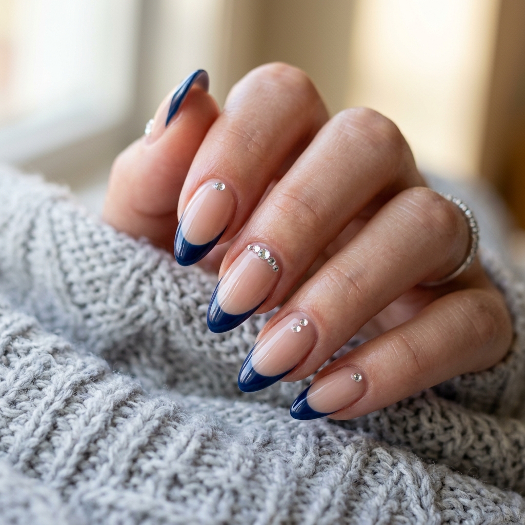 Dark Blue French Tip Nails: 30 Stunning Ideas to Inspire Your Next Manicure 11 Dark Blue French Tip with Rhinestone Ideas