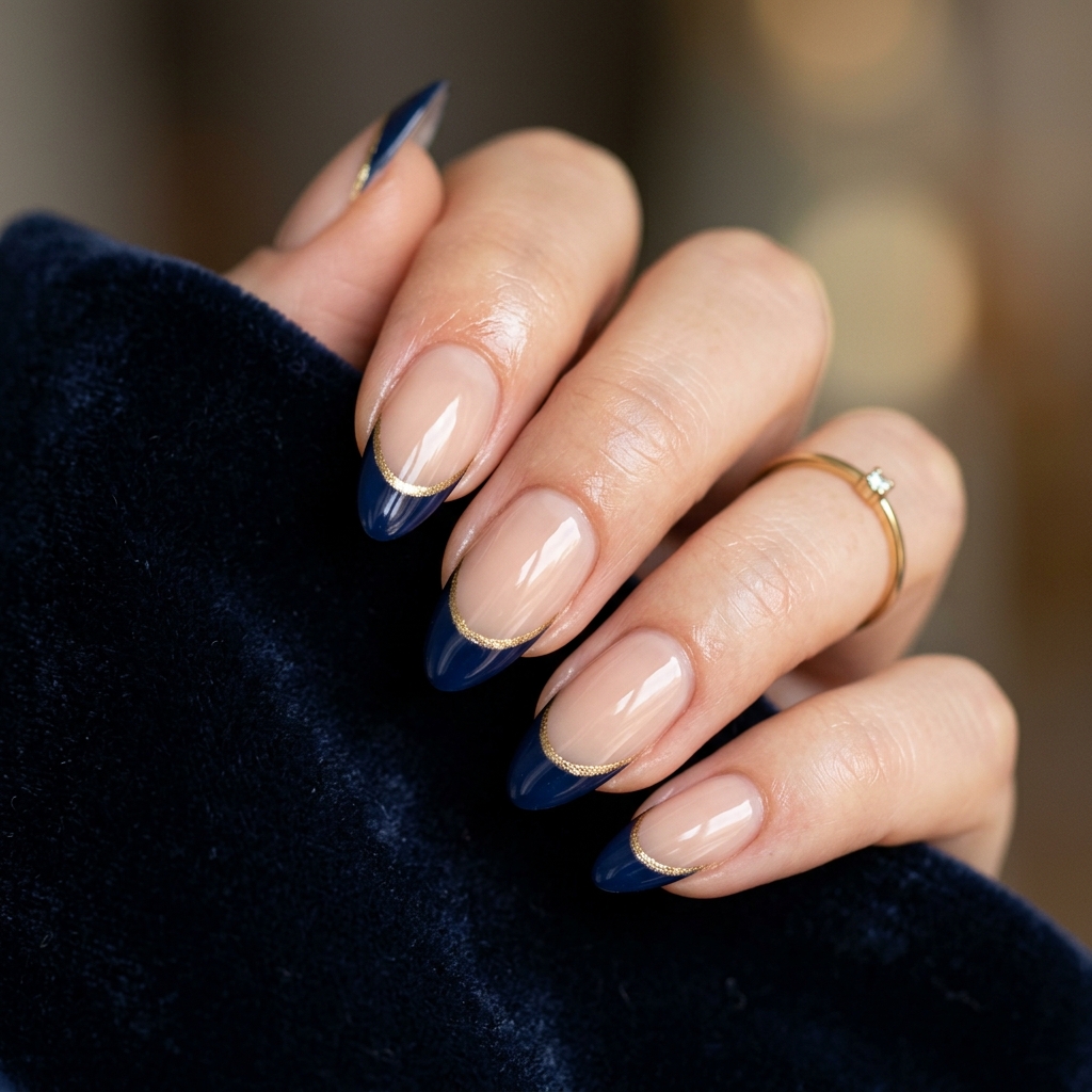 Dark Blue French Tip Nails: 30 Stunning Ideas to Inspire Your Next Manicure 8 Dark Blue French Tip with Gold Accent Ideas