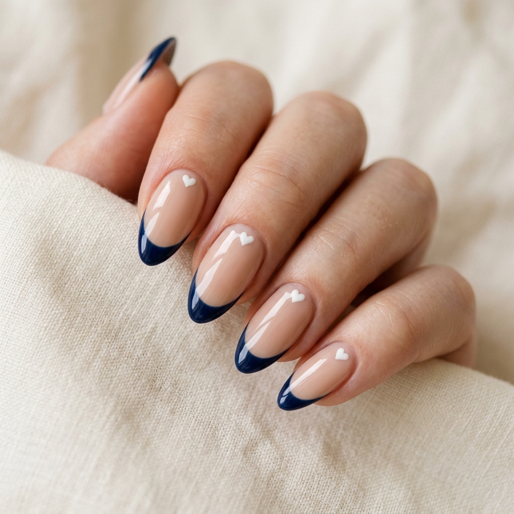 Dark Blue French Tip Nails: 30 Stunning Ideas to Inspire Your Next Manicure 25 Dark Blue French Tip with Heart Accent Ideas