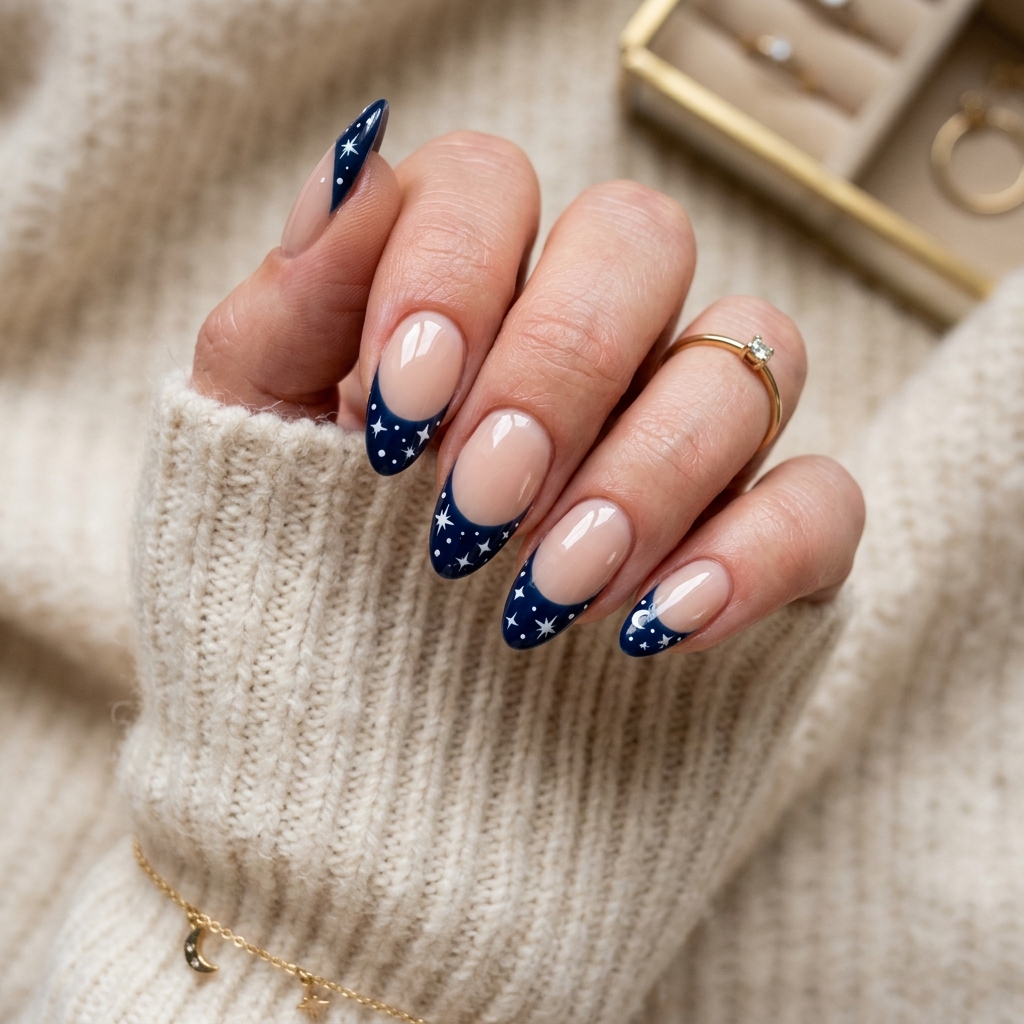 Dark Blue French Tip Nails: 30 Stunning Ideas to Inspire Your Next Manicure 17 Dark Blue French Tip with Star Design Ideas