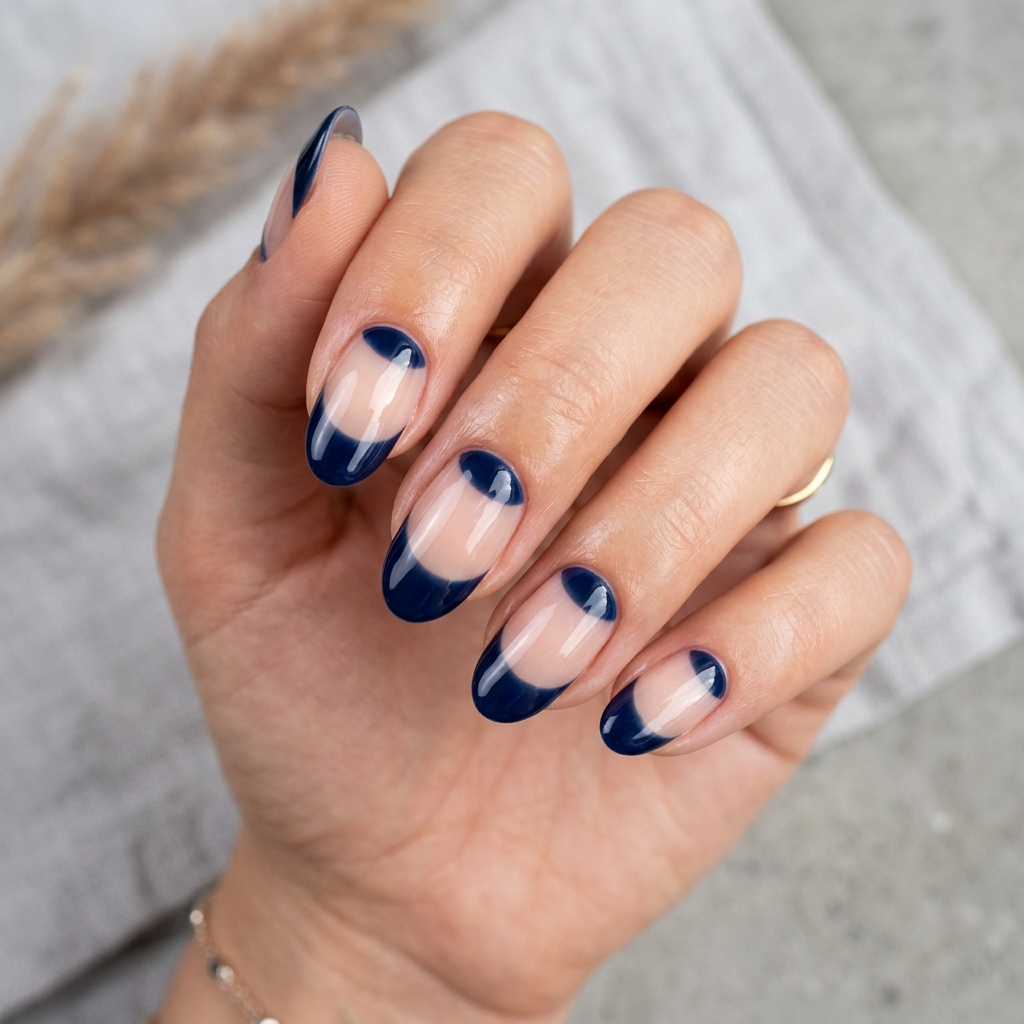 Dark Blue French Tip Nails: 30 Stunning Ideas to Inspire Your Next Manicure 27 Dark Blue French Tip Reverse Design Ideas