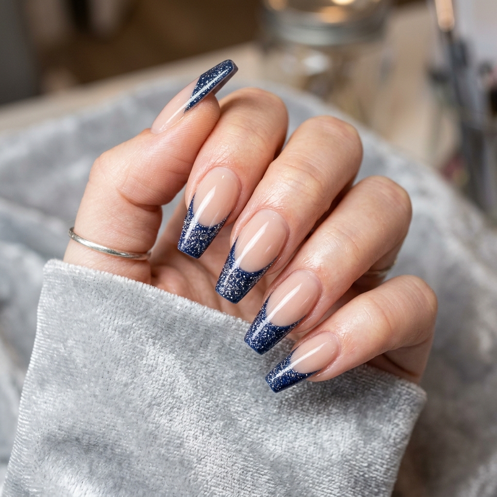 Dark Blue French Tip Nails: 30 Stunning Ideas to Inspire Your Next Manicure 4 Dark Blue and Silver Glitter French Tip Ideas