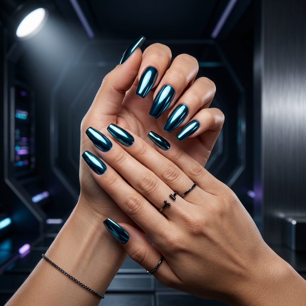 Dark Teal Nails Ideas: 30 Stunning Looks to Inspire Your Next Manicure 17 Chrome Dark Teal Nails