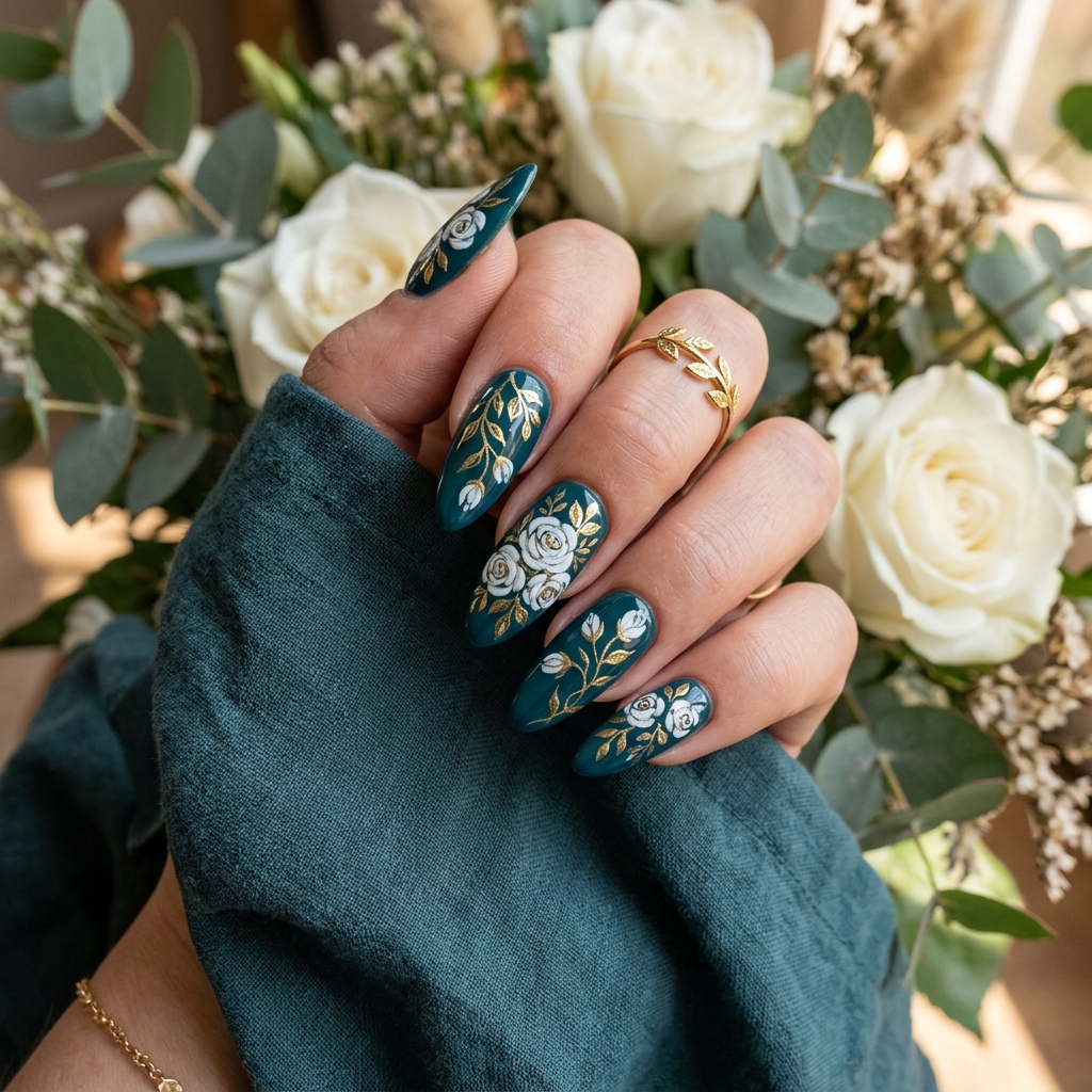 Dark Teal Nails Ideas: 30 Stunning Looks to Inspire Your Next Manicure 18 Floral Dark Teal Nails Art