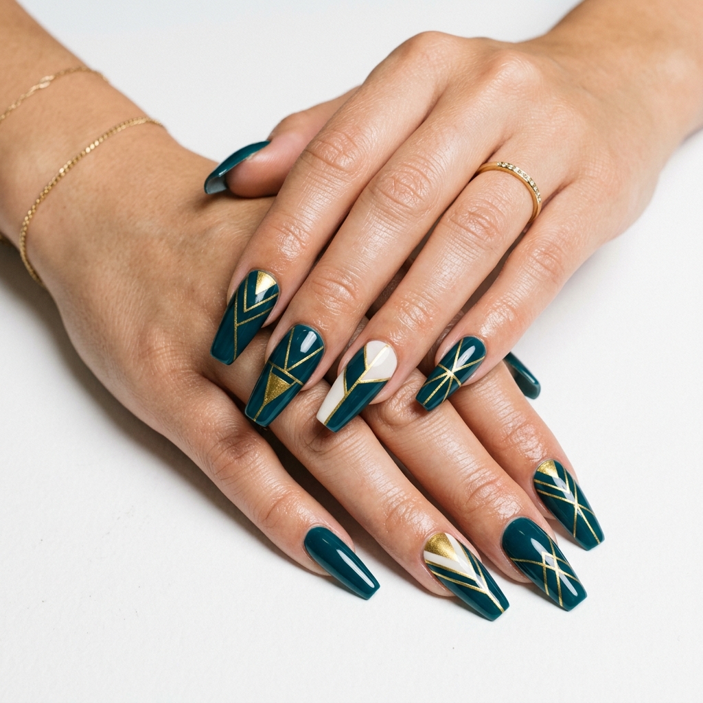 Dark Teal Nails Ideas: 30 Stunning Looks to Inspire Your Next Manicure 31 Geometric Dark Teal Nails Art