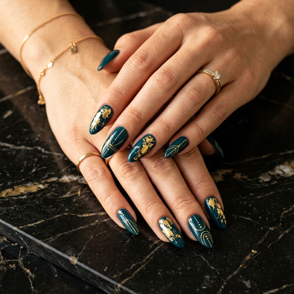 Dark Teal Nails Ideas: 30 Stunning Looks to Inspire Your Next Manicure 9 Gold and Dark Teal Nails