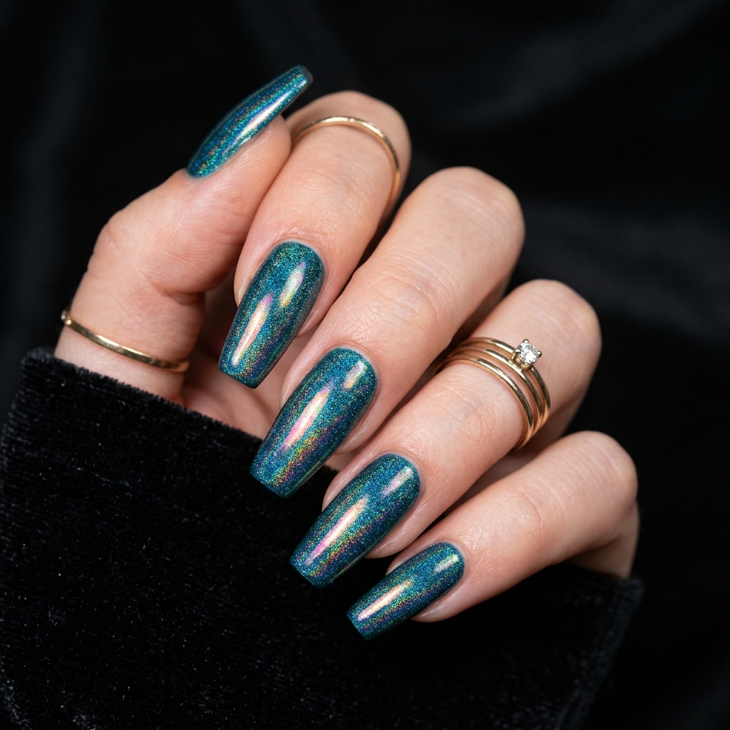 Dark Teal Nails Ideas: 30 Stunning Looks to Inspire Your Next Manicure 19 Holographic Dark Teal Nails