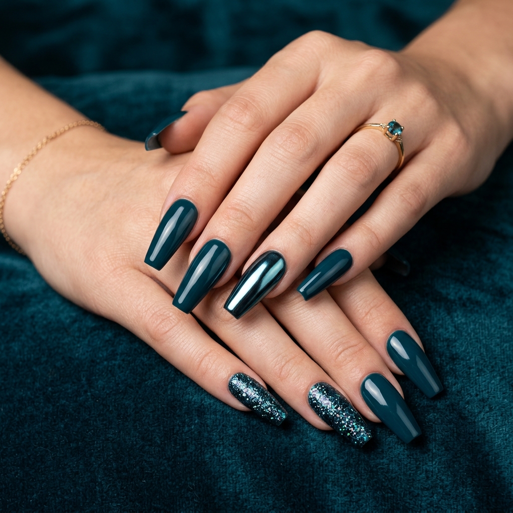 Dark Teal Nails Ideas: 30 Stunning Looks to Inspire Your Next Manicure 21 Long Dark Teal Nails