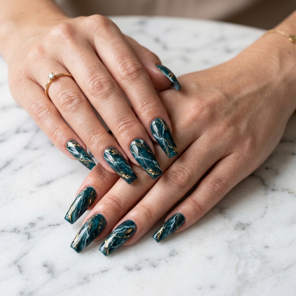 Dark Teal Nails Ideas: 30 Stunning Looks to Inspire Your Next Manicure 14 Marble Dark Teal Nails