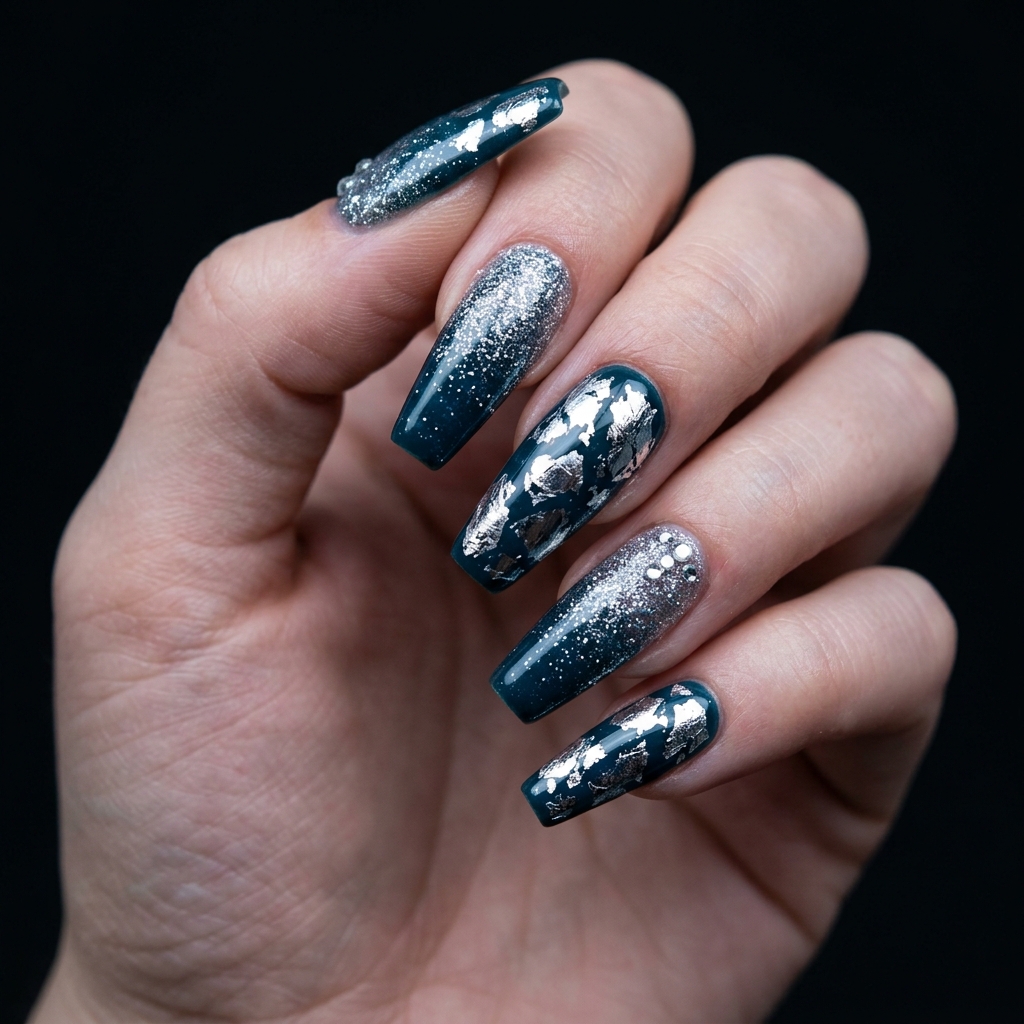 Dark Teal Nails Ideas: 30 Stunning Looks to Inspire Your Next Manicure 28 Dark Teal and Silver Nails