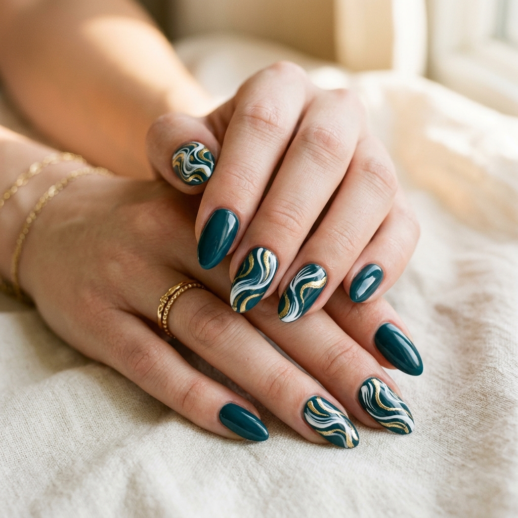 Dark Teal Nails Ideas: 30 Stunning Looks to Inspire Your Next Manicure 29 Swirl Dark Teal Nails