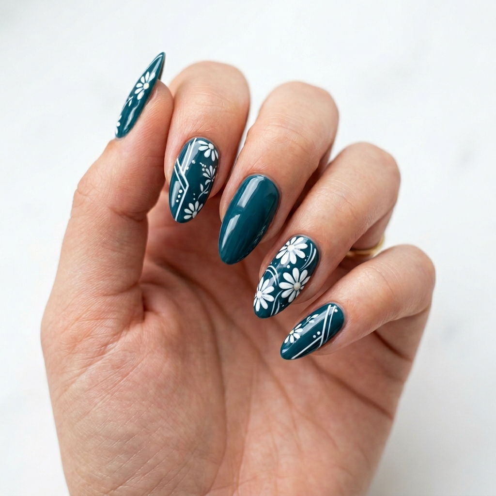 Dark Teal Nails Ideas: 30 Stunning Looks to Inspire Your Next Manicure 16 Dark Teal and White Nails