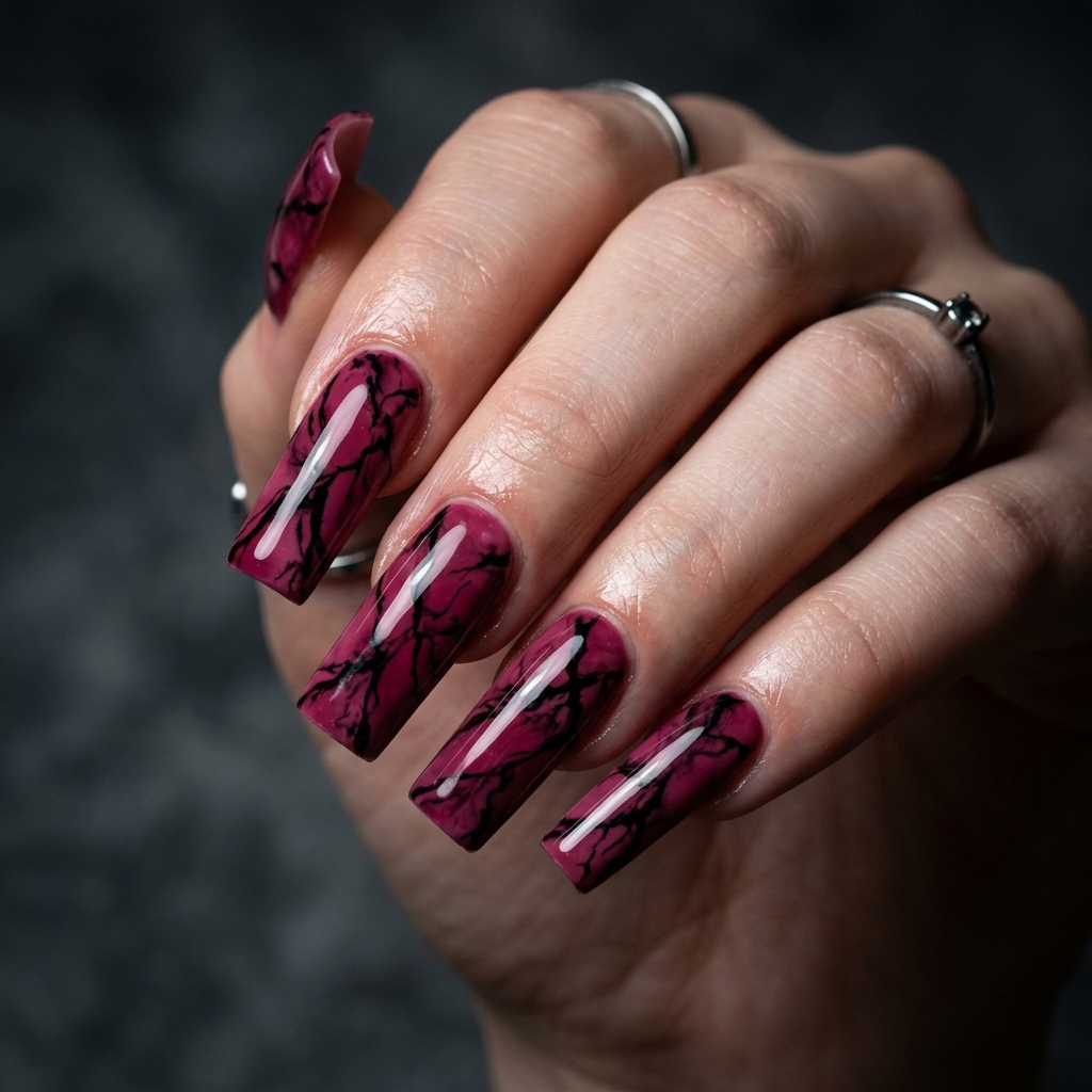 30 Pink Marble Nails Ideas You Will Absolutely Love 11 Deep Pink Marble Nails with Black Veining