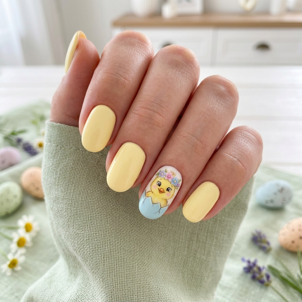 Pastel Easter Nail with Chick Design Ideas