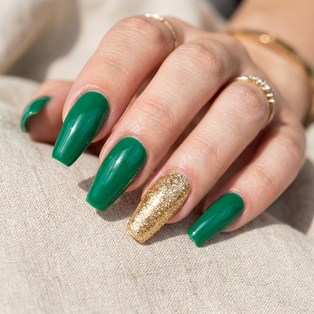 Emerald Green Nail Designs: 30 Stunning Ideas to Inspire Your Next Manicure 4 Gold Glitter and Emerald Green Nail Designs