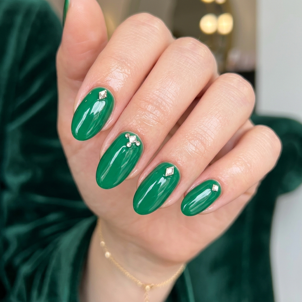 Emerald Green Nail Designs: 30 Stunning Ideas to Inspire Your Next Manicure 27 Emerald Green with Diamond Accent Nail Ideas