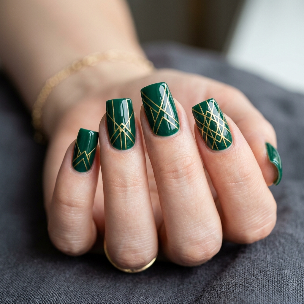 Emerald Green Nail Designs: 30 Stunning Ideas to Inspire Your Next Manicure 21 Emerald Green with Geometric Line Ideas