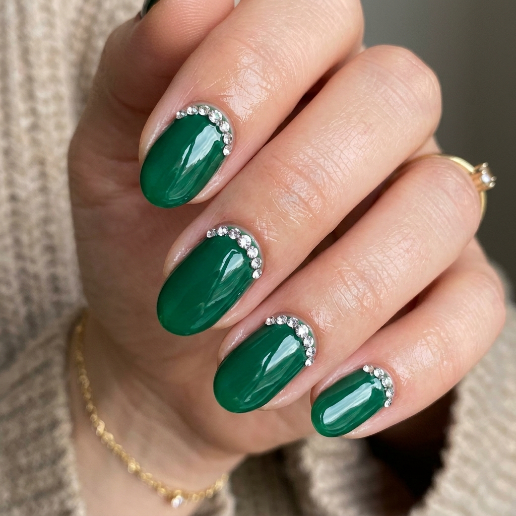 Emerald Green Nail Designs: 30 Stunning Ideas to Inspire Your Next Manicure 9 Emerald Green with Rhinestone Nail Ideas