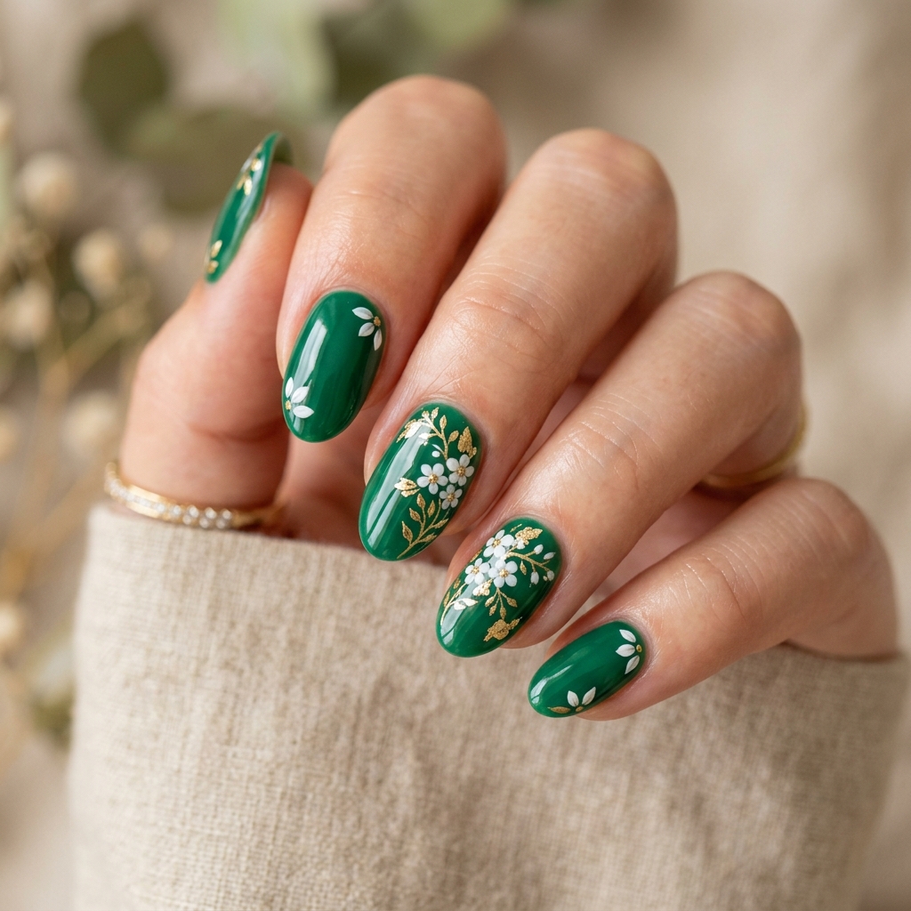 Emerald Green Nail Designs: 30 Stunning Ideas to Inspire Your Next Manicure 14 Emerald Green with Floral Design Ideas