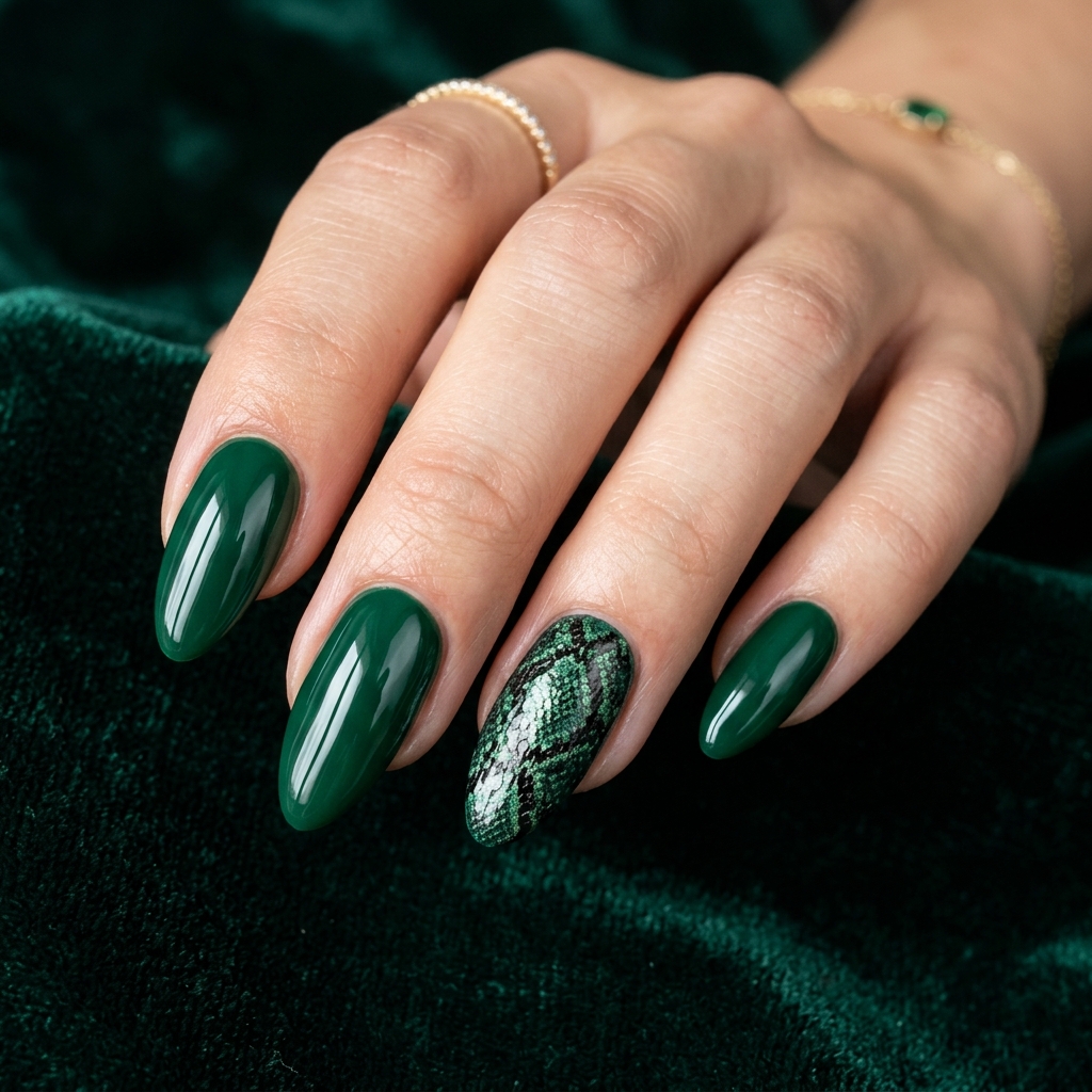 Emerald Green Nail Designs: 30 Stunning Ideas to Inspire Your Next Manicure 23 Emerald Green with Snake Print Nail Ideas