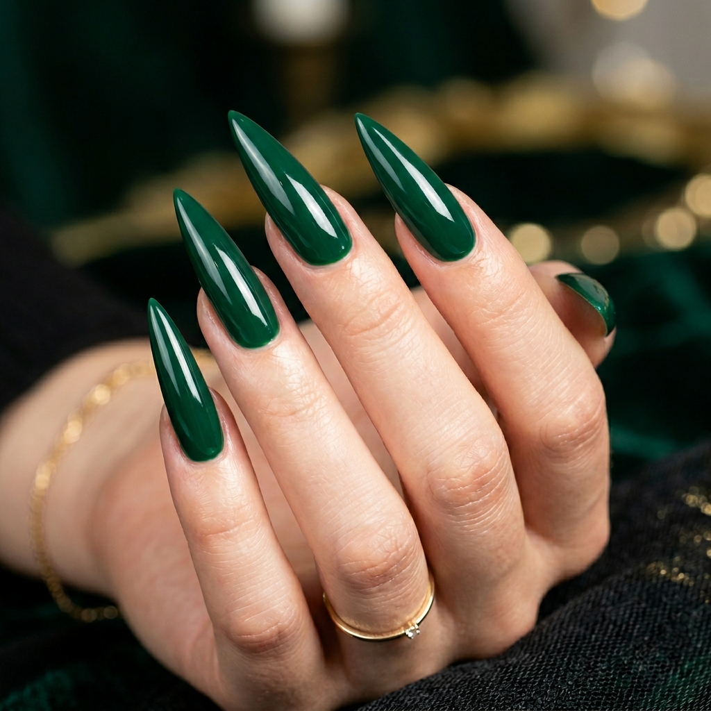 Emerald Green Nail Designs: 30 Stunning Ideas to Inspire Your Next Manicure 10 Emerald Green Stiletto Nail Ideas