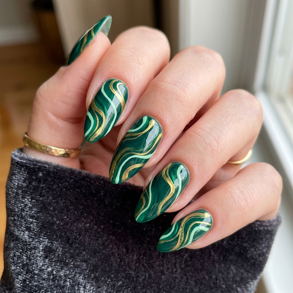 Emerald Green Nail Designs: 30 Stunning Ideas to Inspire Your Next Manicure 29 Emerald Green Swirl Nail Ideas
