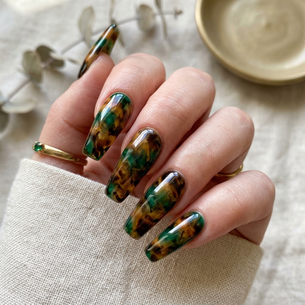 Emerald Green Nail Designs: 30 Stunning Ideas to Inspire Your Next Manicure 31 Emerald Green Tortoiseshell Nail Ideas