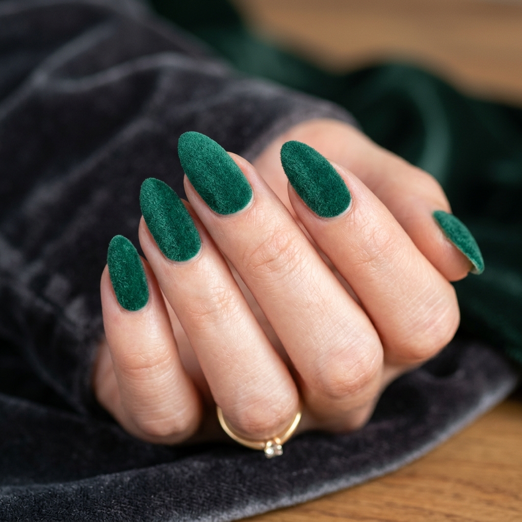 Emerald Green Nail Designs: 30 Stunning Ideas to Inspire Your Next Manicure 26 Emerald Green Velvet Nail Ideas