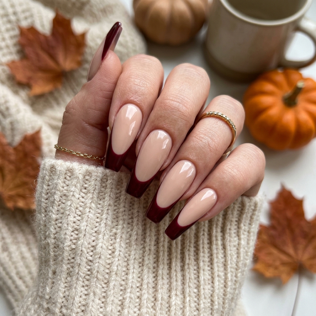 Fall French Tip Coffin Nails Ideas