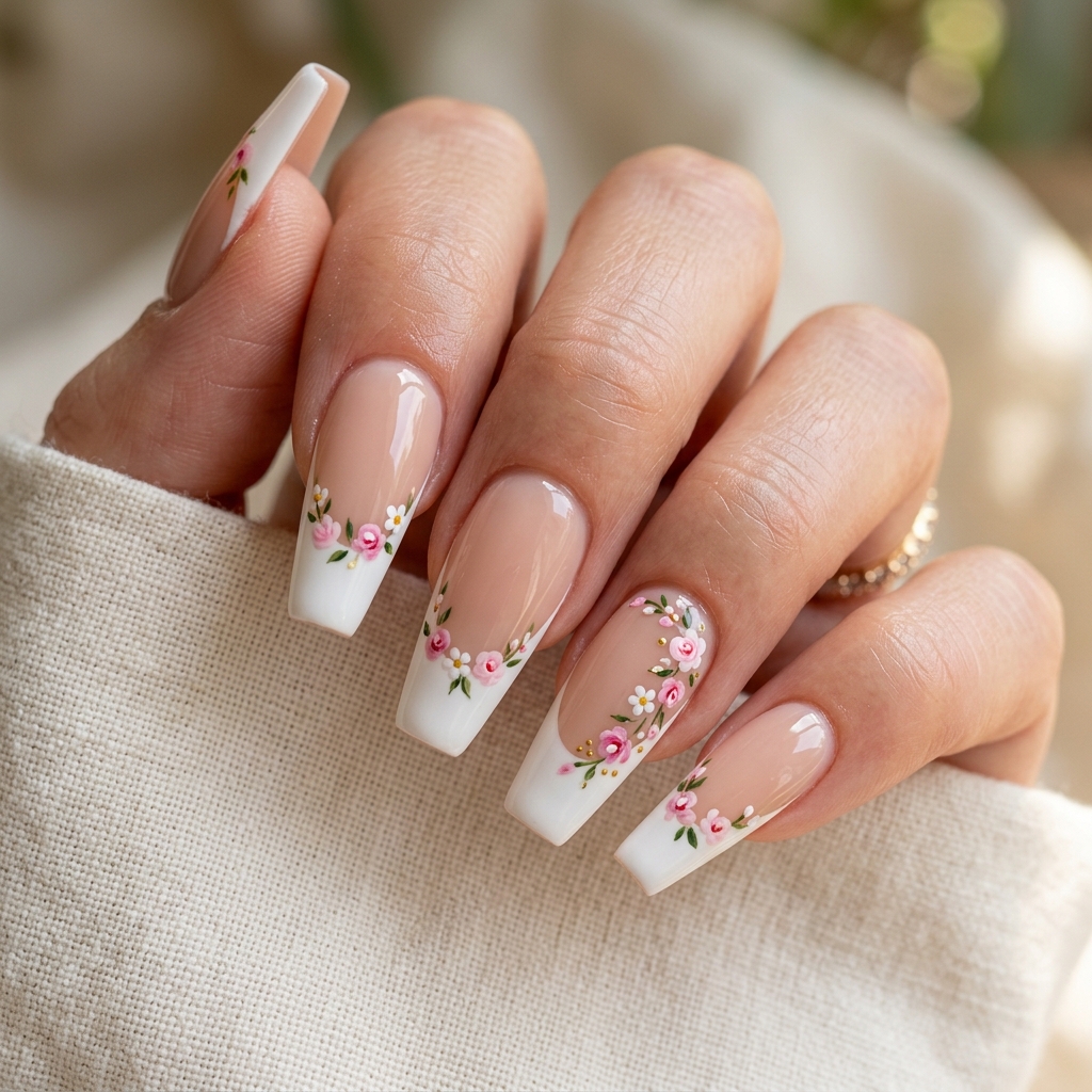 Floral French Tip Coffin Nail Ideas