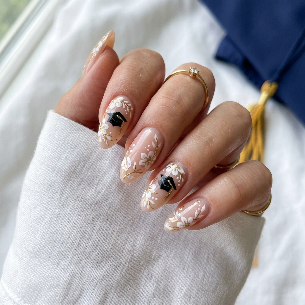 Floral Graduation Nail Designs