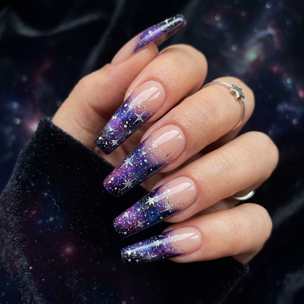 Purple French Tip Nails: 30 Stunning Ideas to Inspire Your Next Manicure 23 Galaxy Purple French Tip Nails Ideas