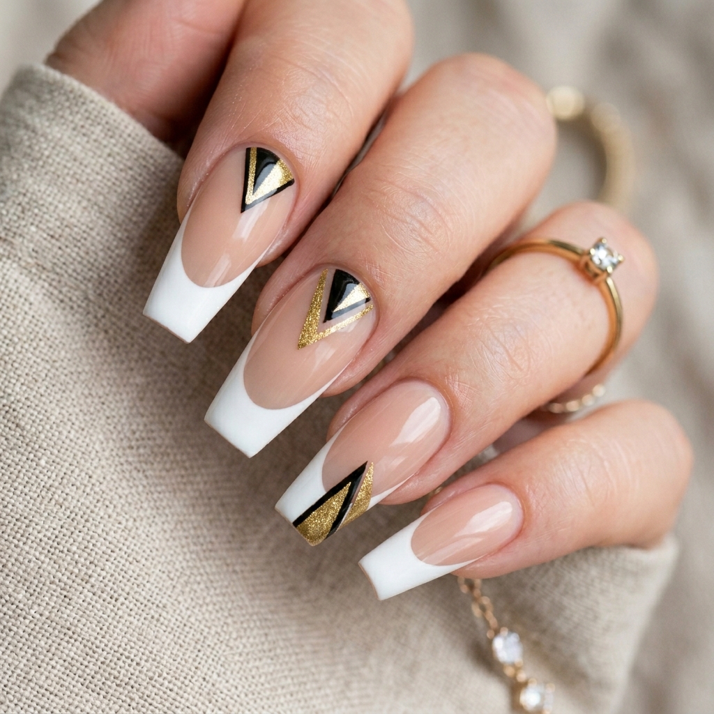 Geometric French Tip Coffin Nails Ideas