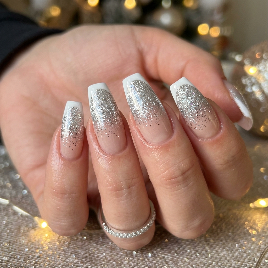 Glitter Ombre French Tip Coffin Nails Ideas