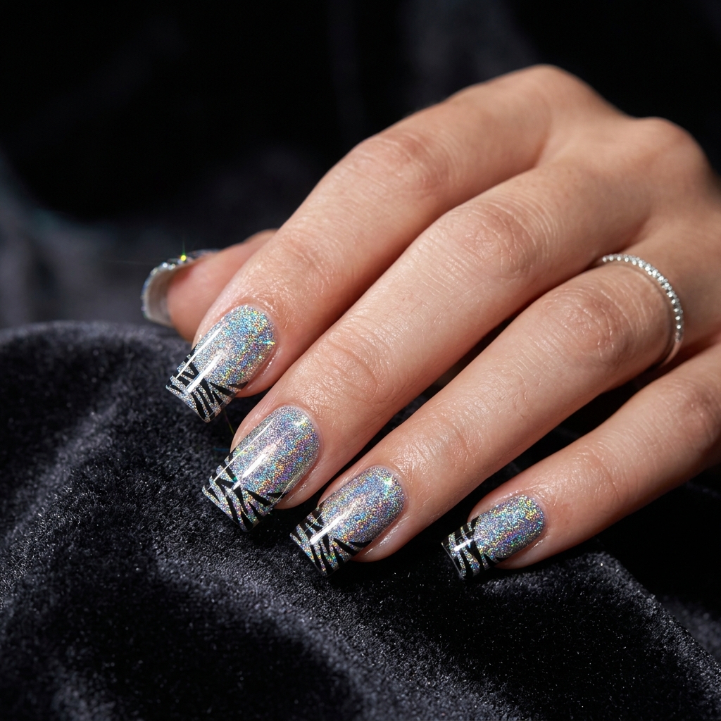 Glitter Zebra French Tip Nails Ideas