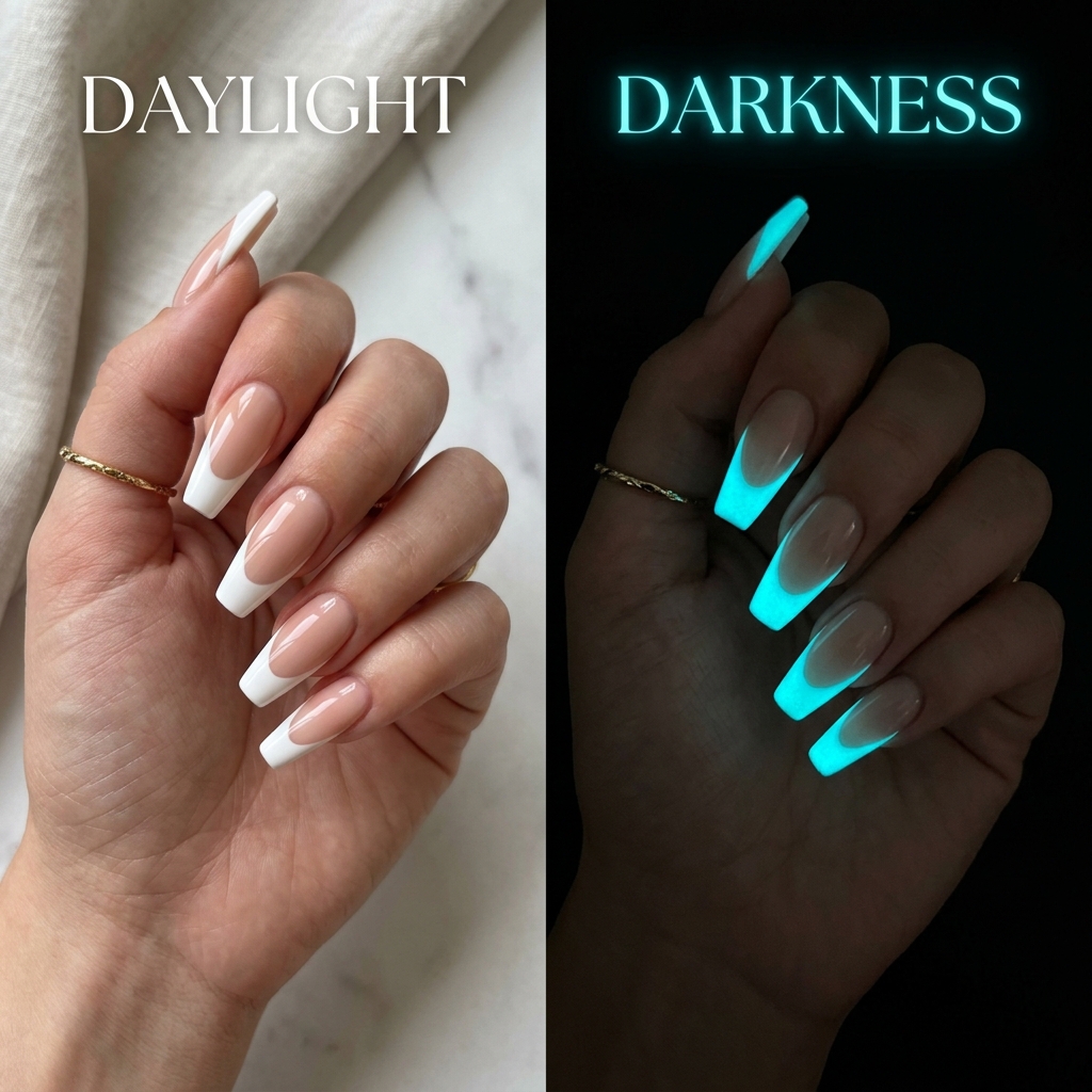 Glow-in-the-Dark French Tip Coffin Nail Ideas